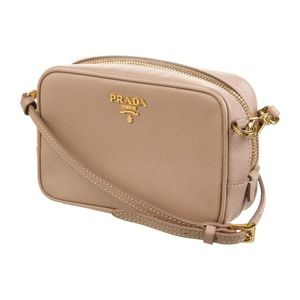 Prada Beige Saffiano Leather Double Zip Camera Crossbody Bag